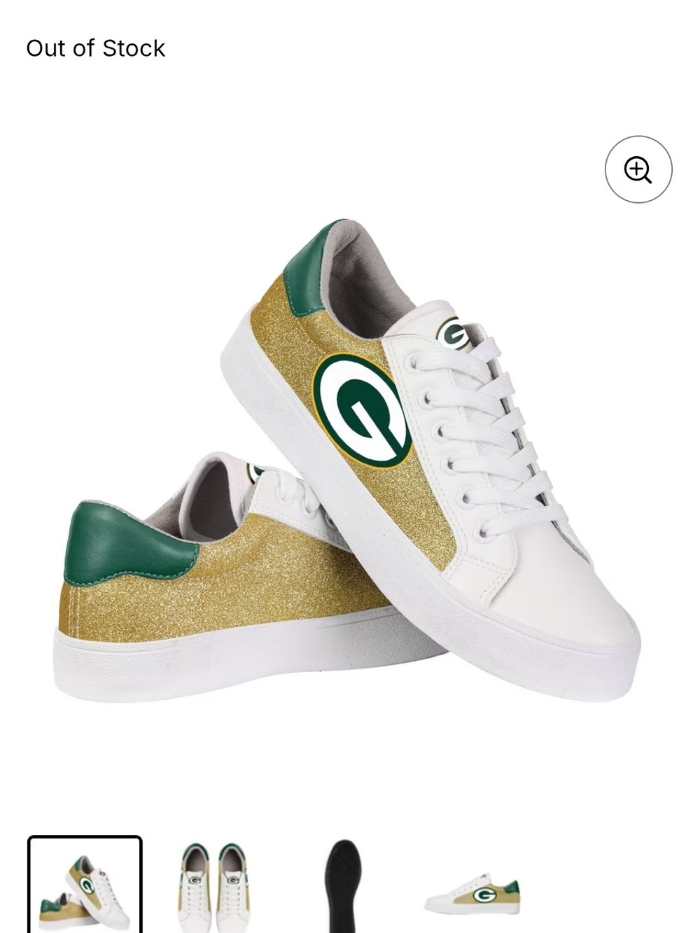 White and Gold Glitter Greenbay Packers Lace-Up Sneakers with Green Heel Accent